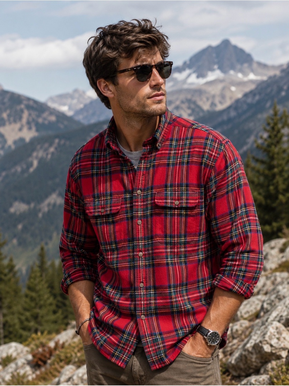 Vintage Faconnable Mens Red Plaid Cotton Flannel Shirt Christmas Winter Sz M